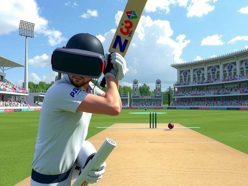 Player using VR controller to play a cover drive in Cricket VR Hero
